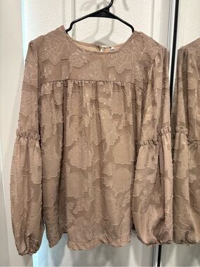 Taupe Floral-Textured Long-Sleeve Blouse